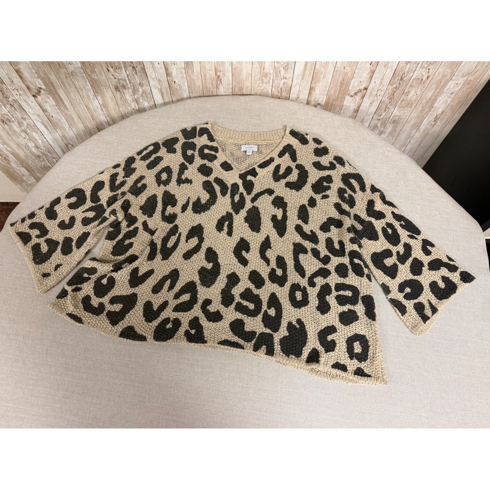 Mud Pie Leopard Print Open Knit V-Neck Oversized Sweater Tan Black S/M